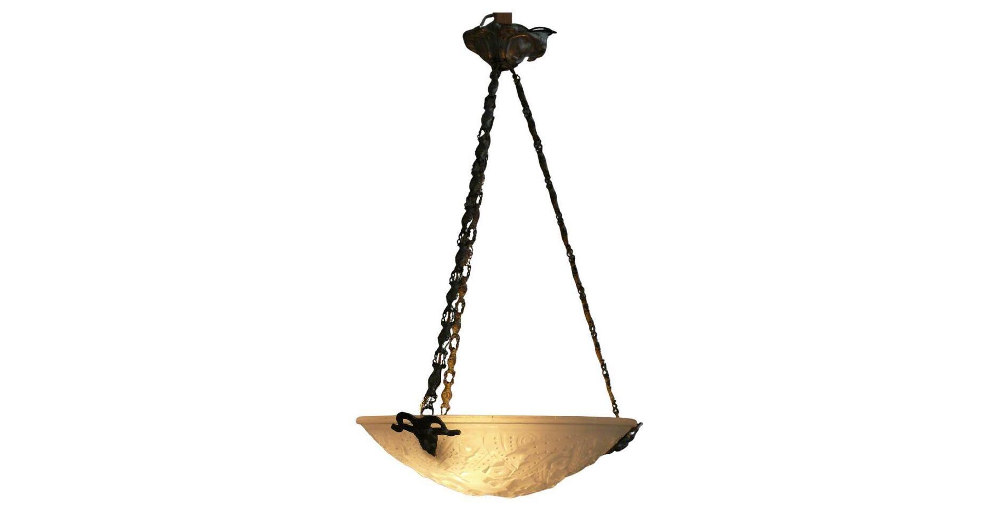 French Art Deco glass pendant light with chain suspension, Muller Frères Lunéville, 1920s-1930s