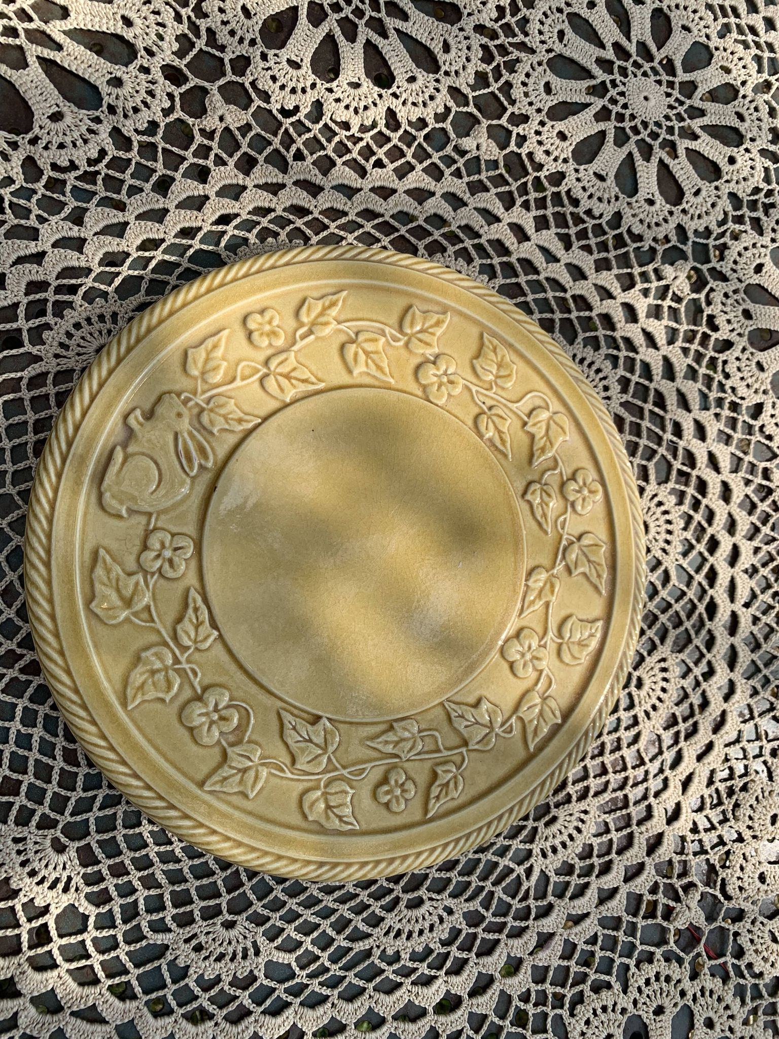 Underside, glazed ceramic, slurry, ivy frieze and rabbit pattern, Vintage