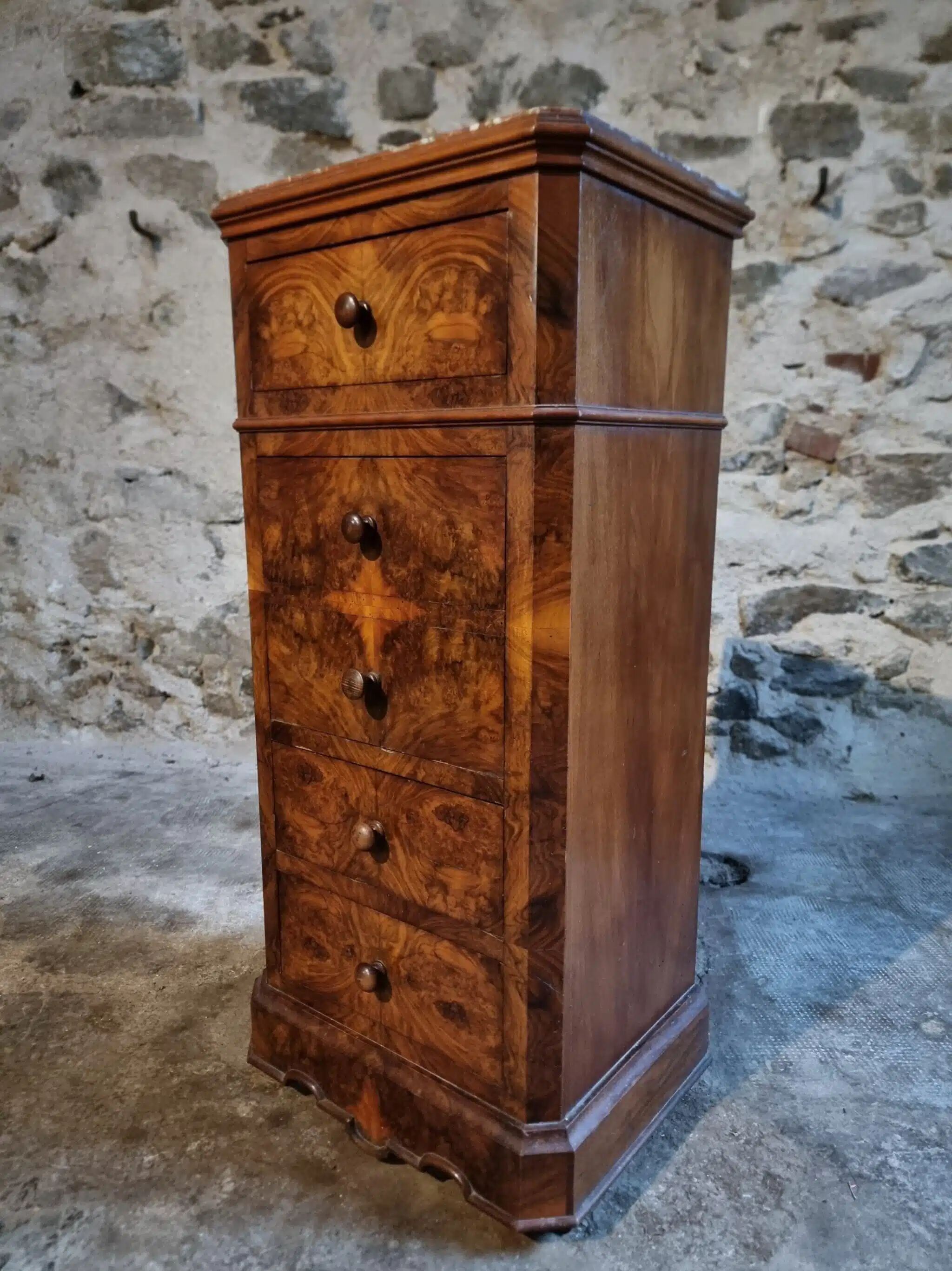 French antique bedside table in oak with walnut burl veneer, circa 1900.