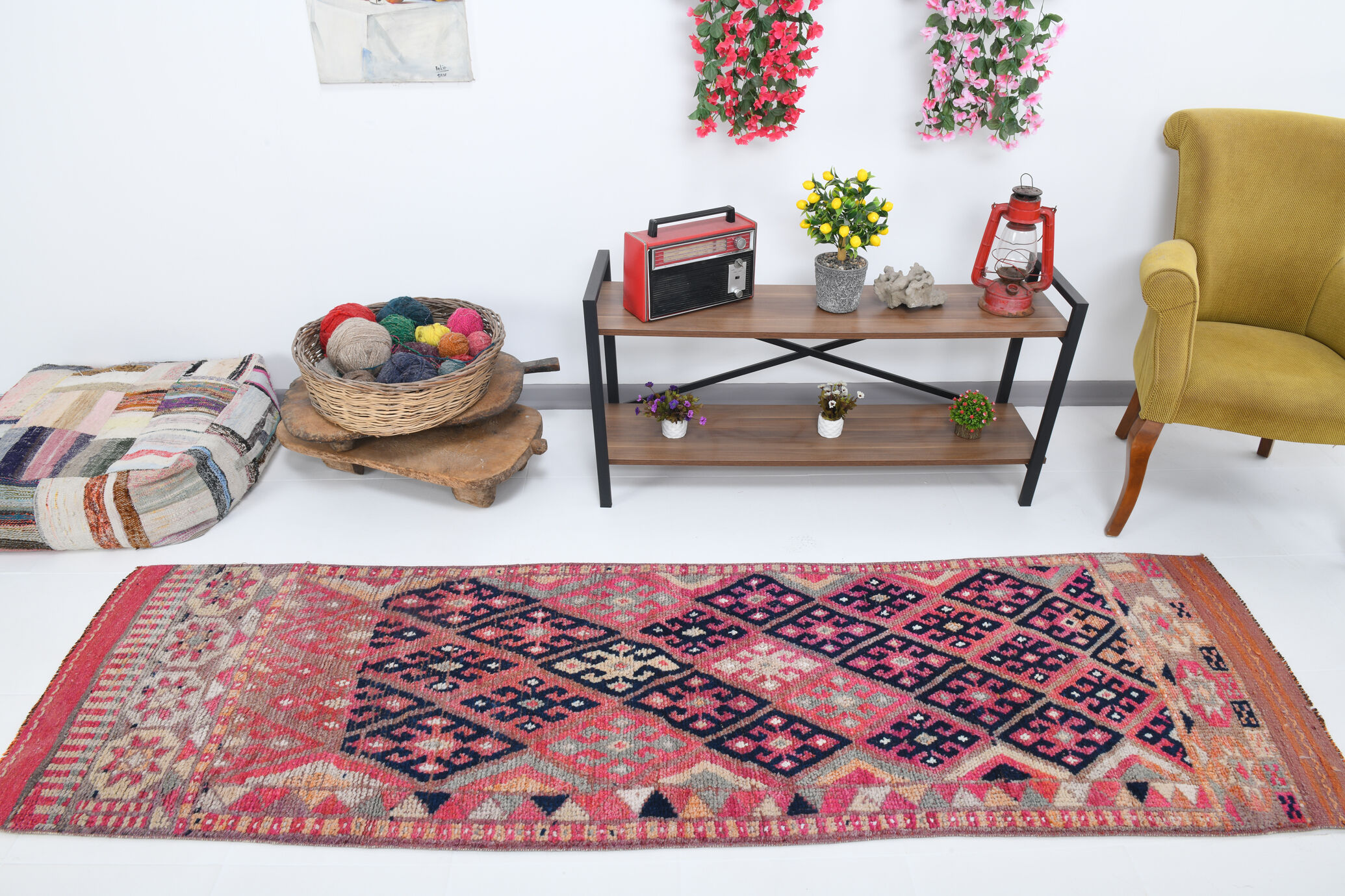 3x9 navy blue & pink turkish runner rug 79x272cm