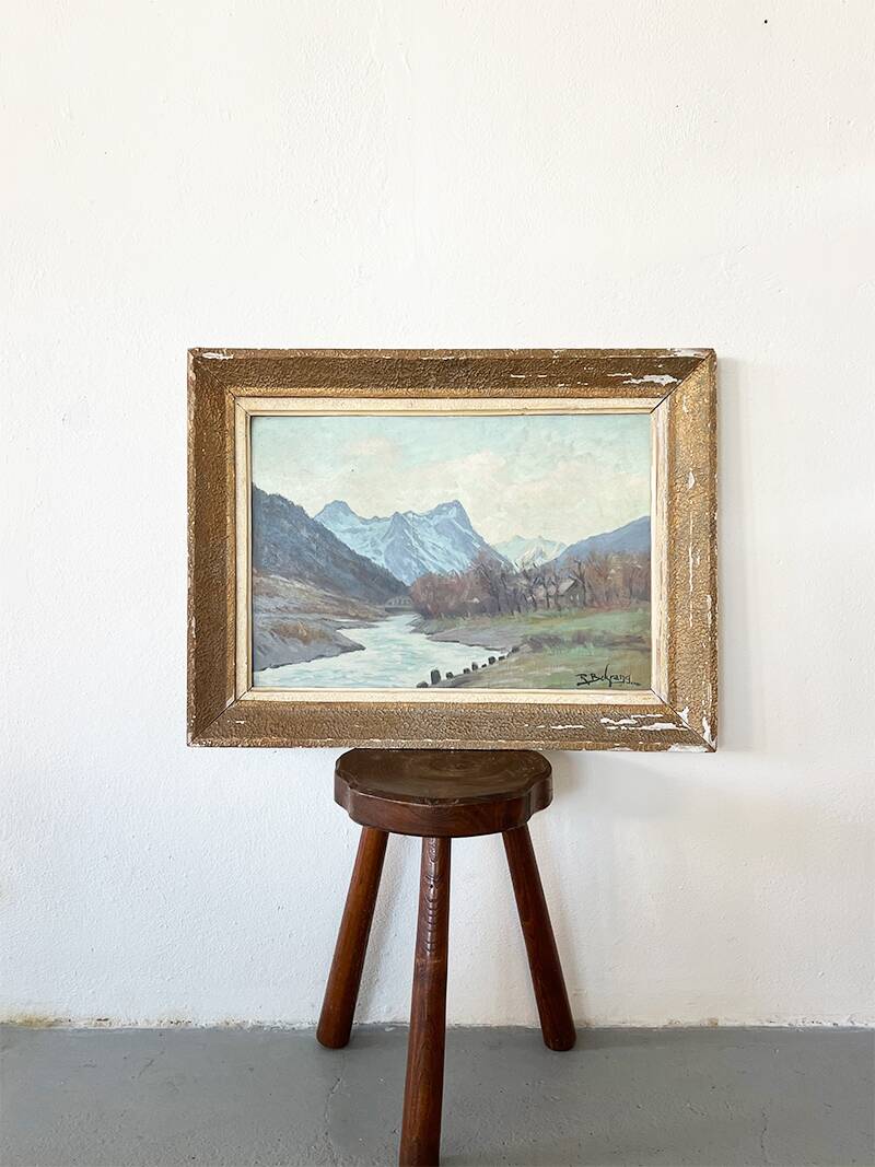 Painting "River of the Alps", Oil on panel, framed
