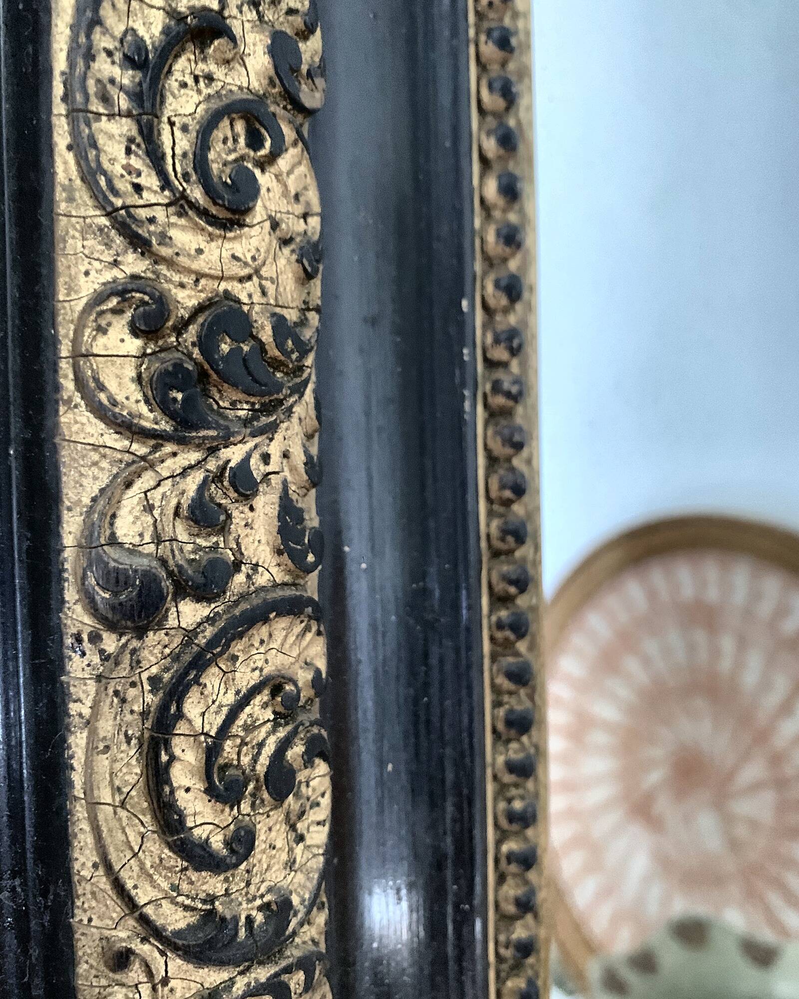 Antique mirror Napoleon III 19th century black and gold original glass signed Al