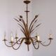 Hollywood regency style bull rush gilt metal toleware 6 light chandelier 4369