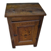 Small rustic antique piece of furniture with marquetry decoration – jam cabinet – oak wood.