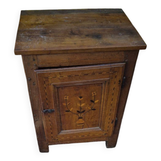 Small rustic antique piece of furniture with marquetry decoration – jam cabinet – oak wood.