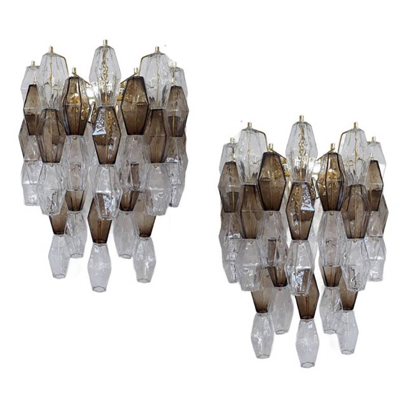 Set of Two Contemporary Transpaernt and Fumè "Poliedro" Murano Glass Wall Sconces
