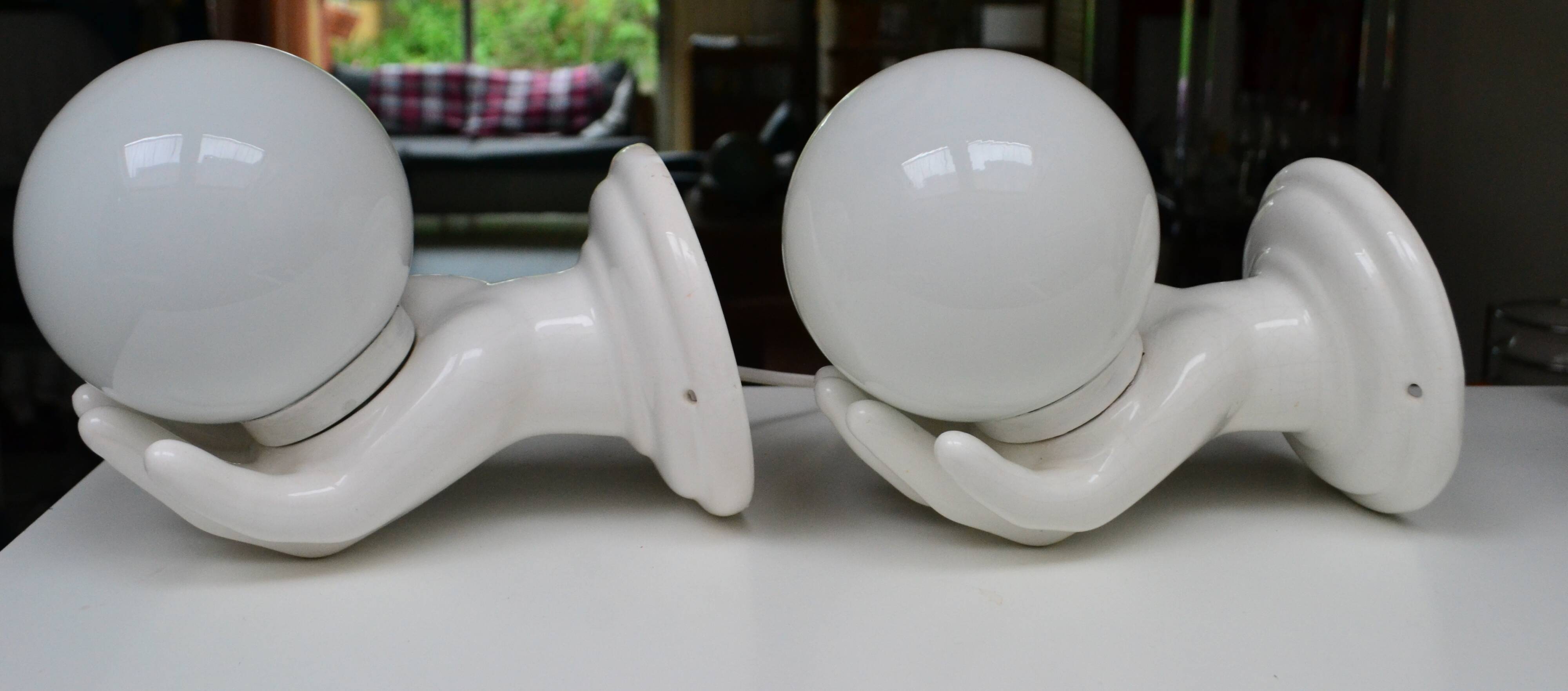 Pair of white ceramic wall lights from the 1970s.