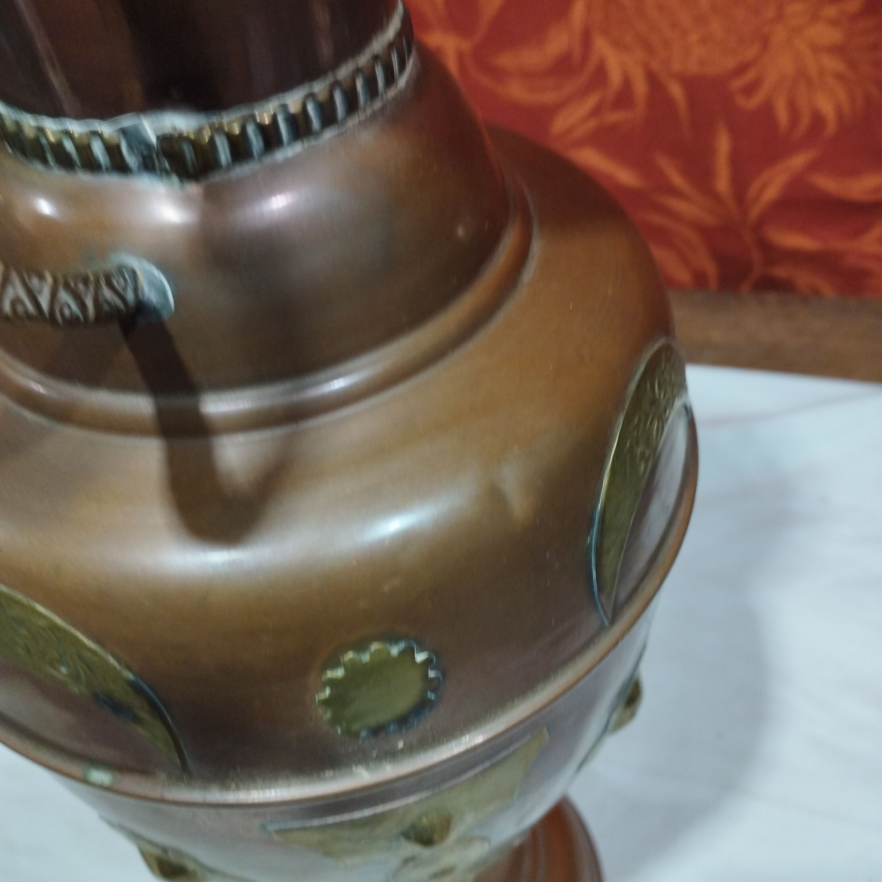 Oriental style vase or copper amphora and brass decoration