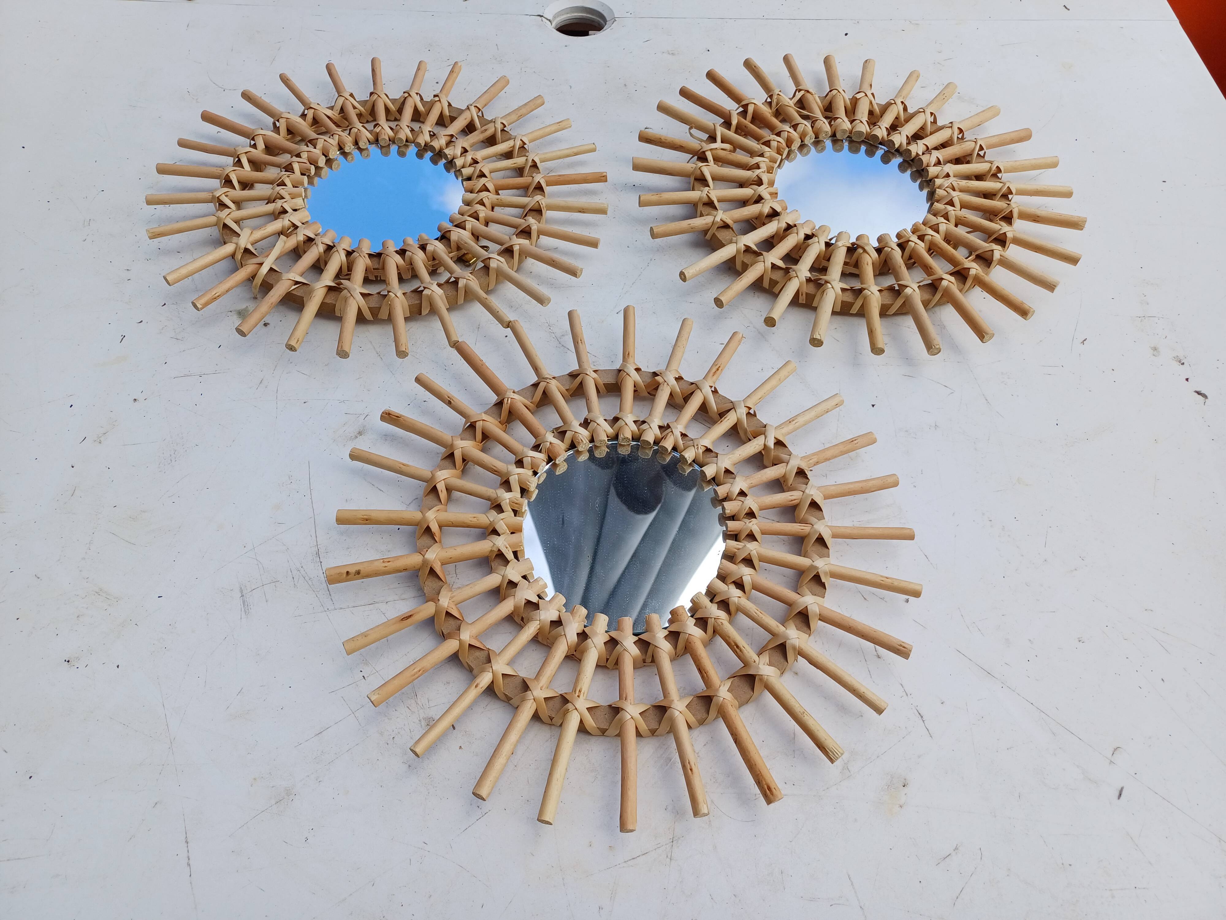 3 Small Vintage Rattan Sun Mirrors
