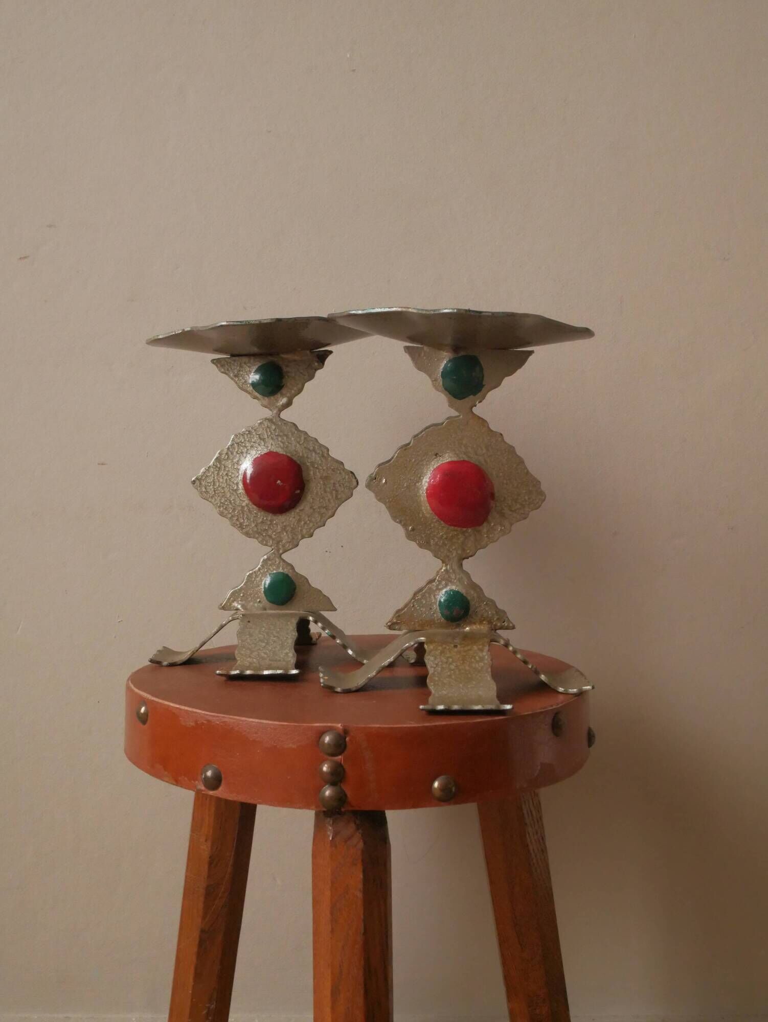 Pair of painted metal candle holders artisanal handmade wrought iron candelabra candlestick