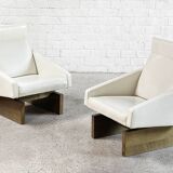 French Modernist Living Room Sofa Set In White Leather, 1950's