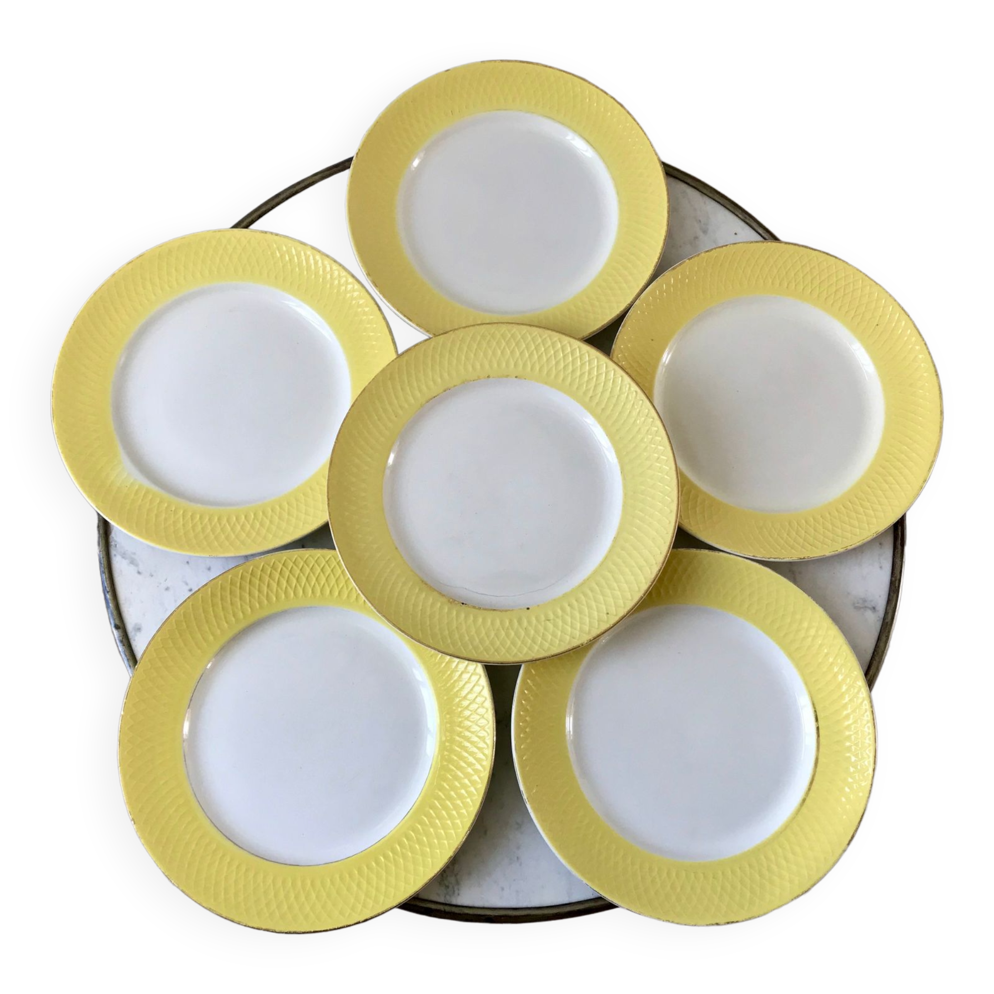 set of 6 flat plates Moulin des Loups textured canary yellow 50s