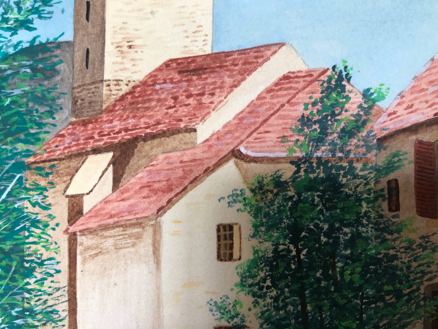 Framed drawing painting mountain village
