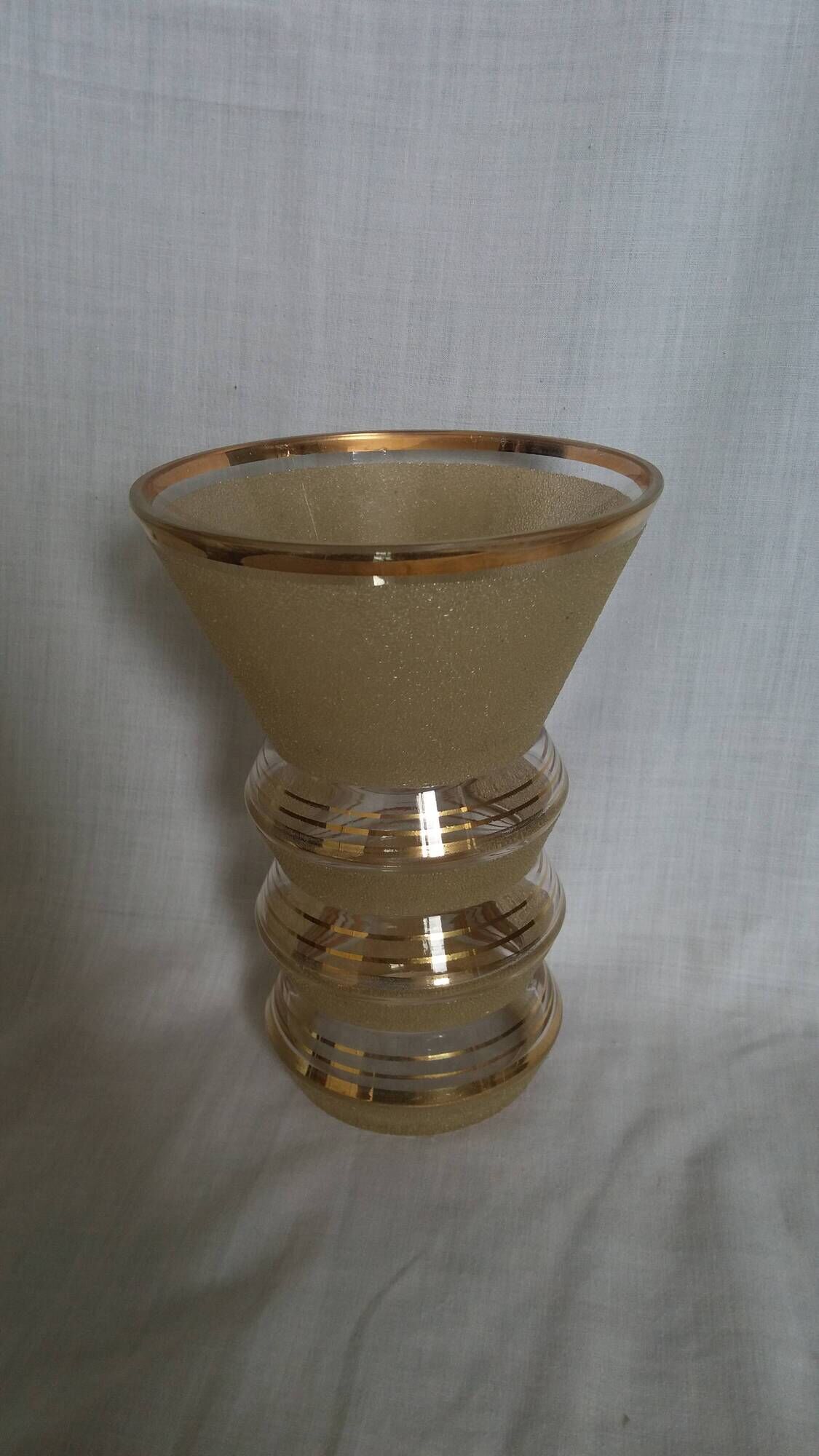 Frosted glass vase with a champagne finish and gold trim Art Deco