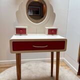 Wooden dressing table with beige and red baroque style mirror