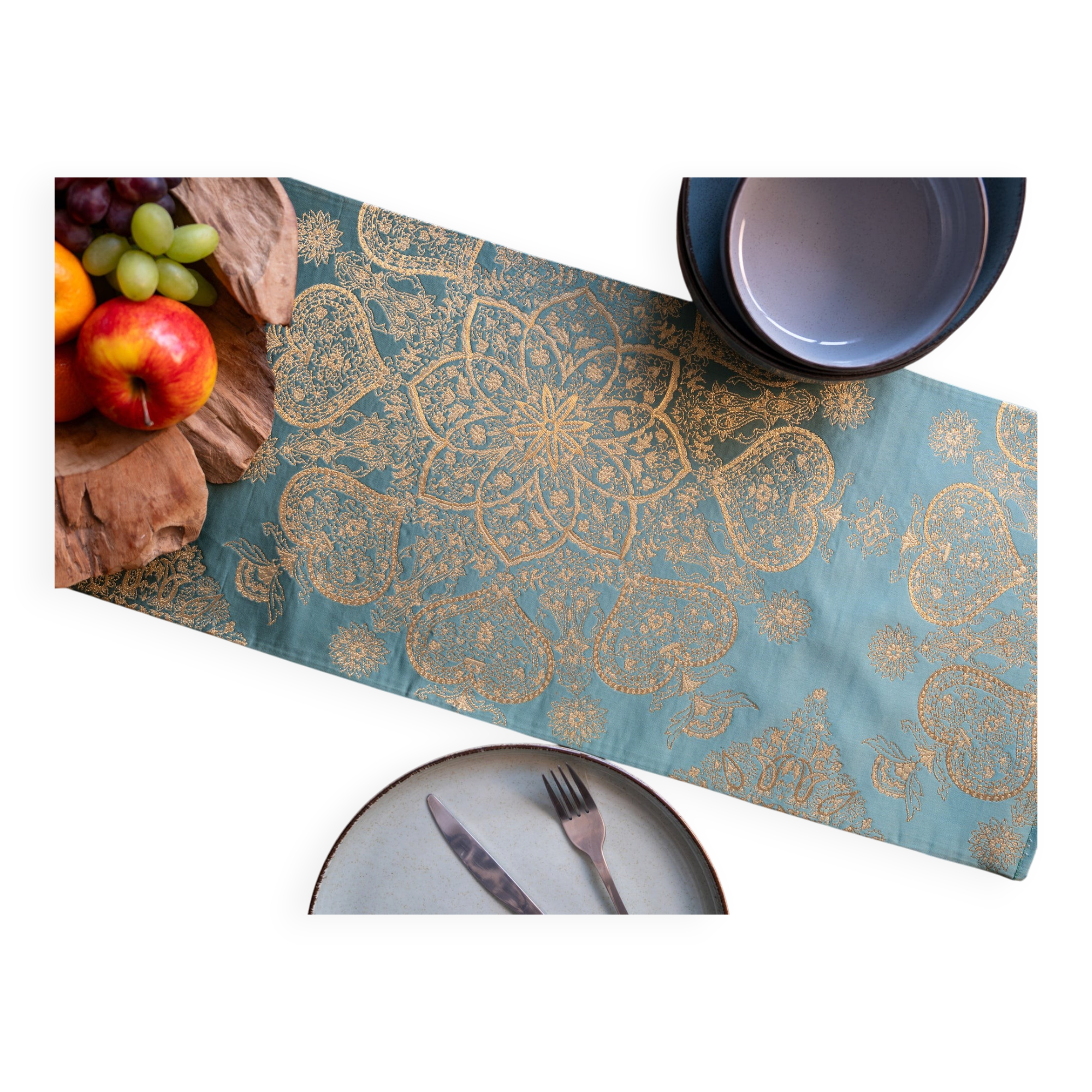 Chemin de table en soie jade doré vert karakusa