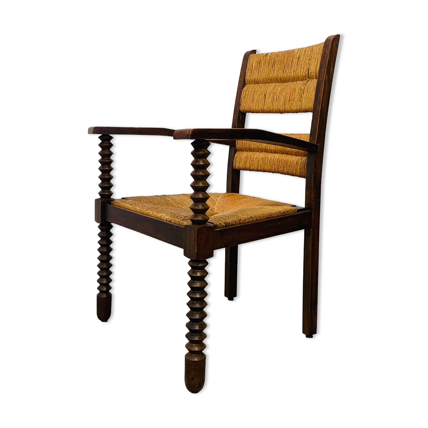 Straw and wood armchair brutalist art deco