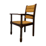 Straw and wood armchair brutalist art deco