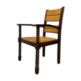 Straw and wood armchair brutalist art deco