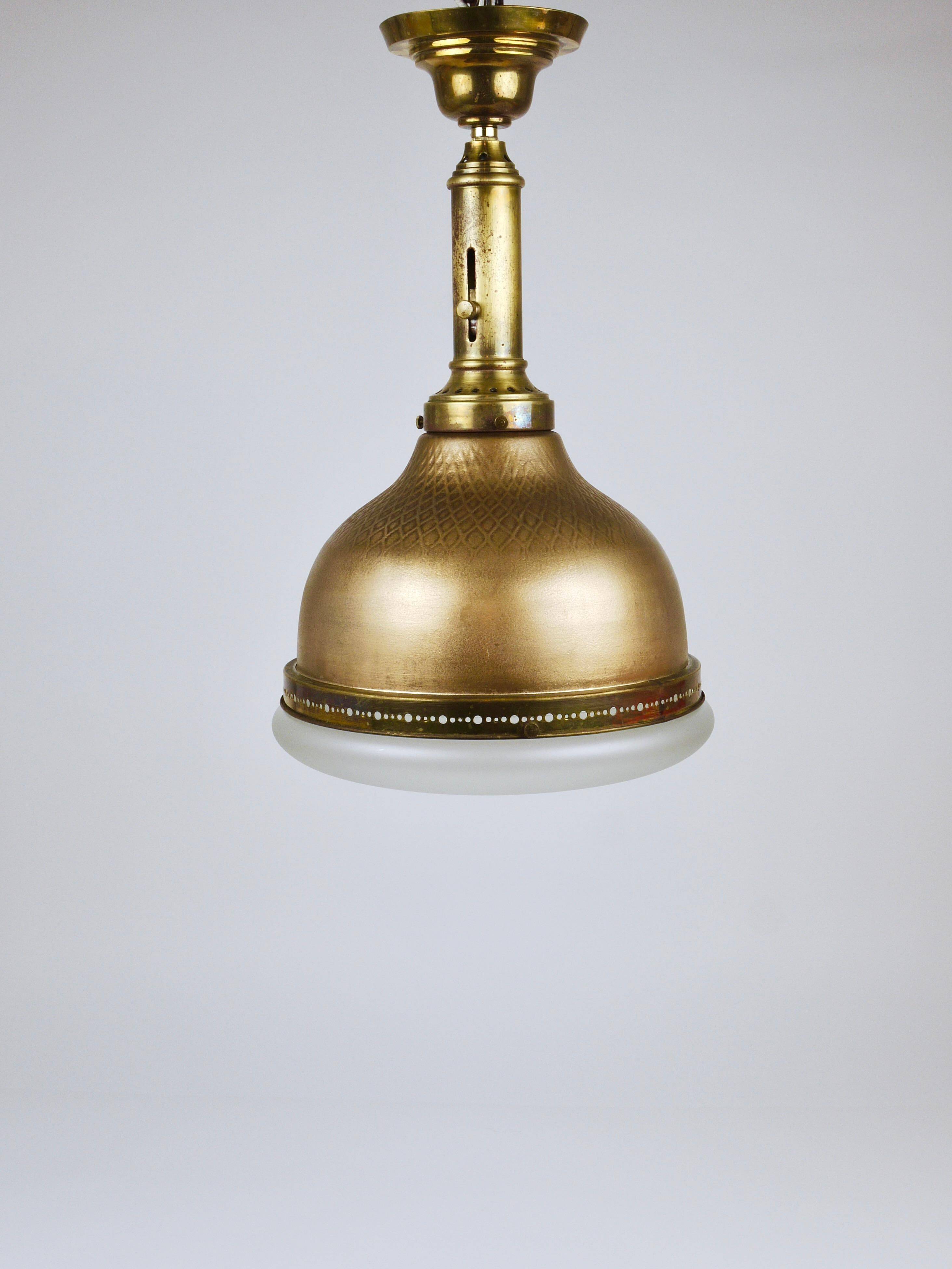 Art Nouveau pendant lamp in brass and glass from the 1920s, ceiling light, Jena, Germany.