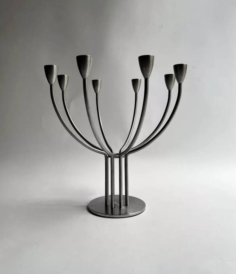 Grand chandelier / bougeoir métal brossé 8 feux, K. Hagberg design 1970