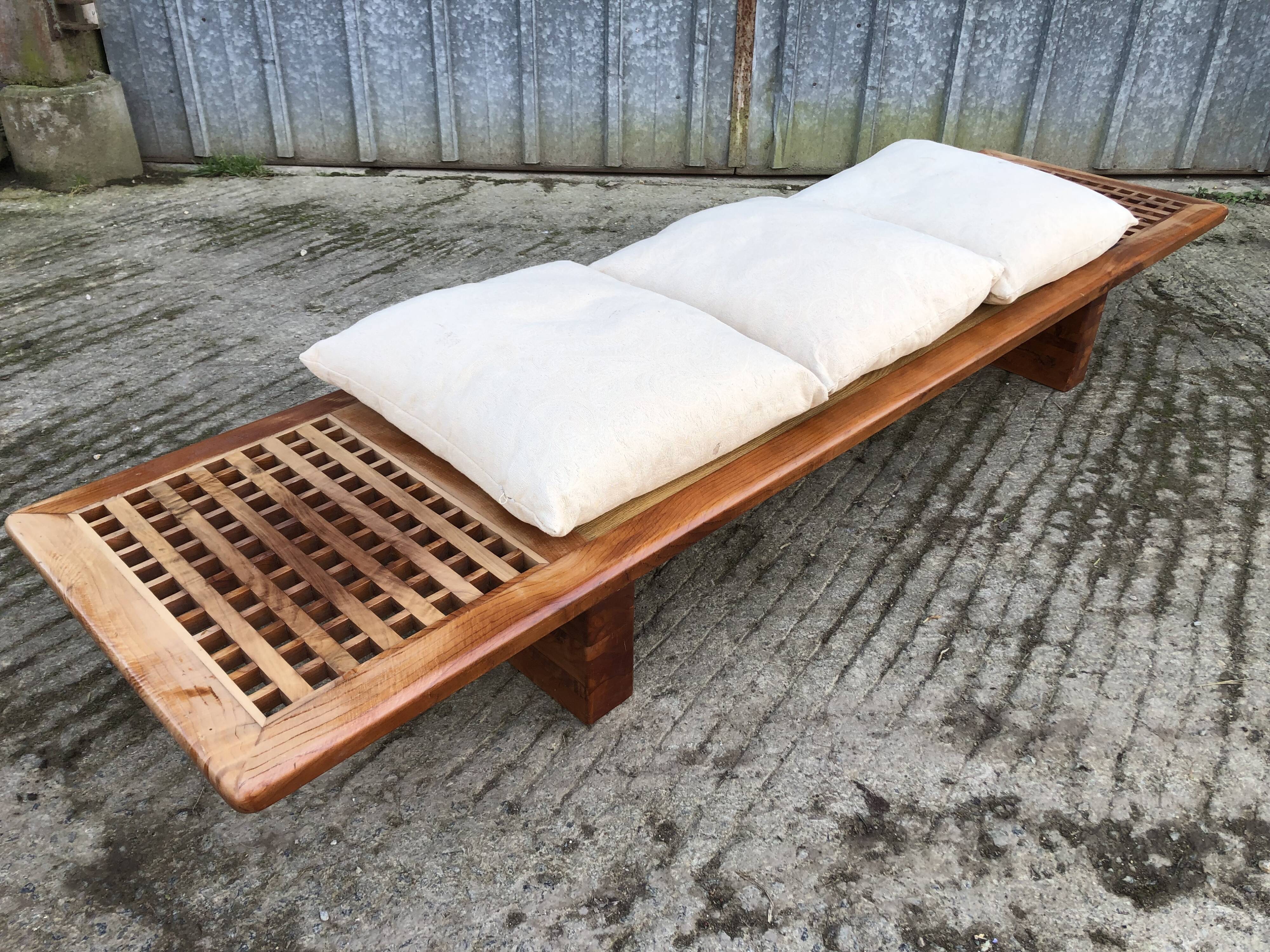 Vintage Yew Wood Bench with 3 Cushions