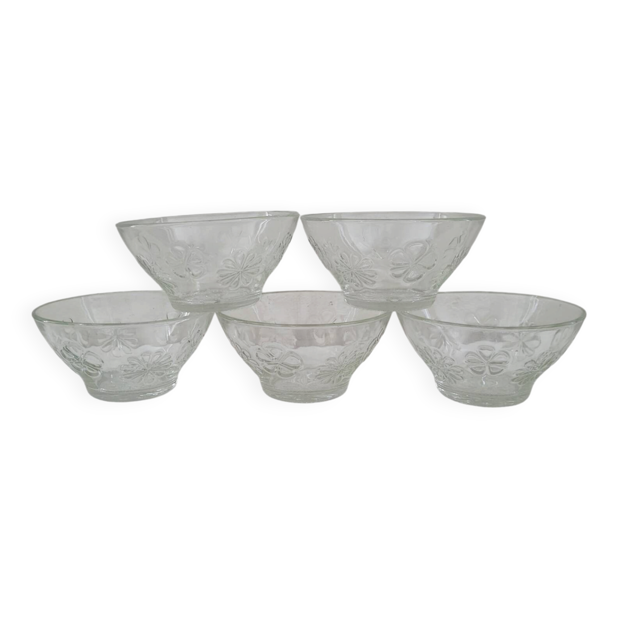 Set of 5 Moulded Glass Bowls with Floral Decoration – Circa 1970