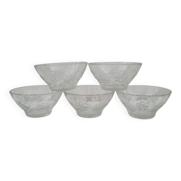 Set of 5 Moulded Glass Bowls with Floral Decoration – Circa 1970