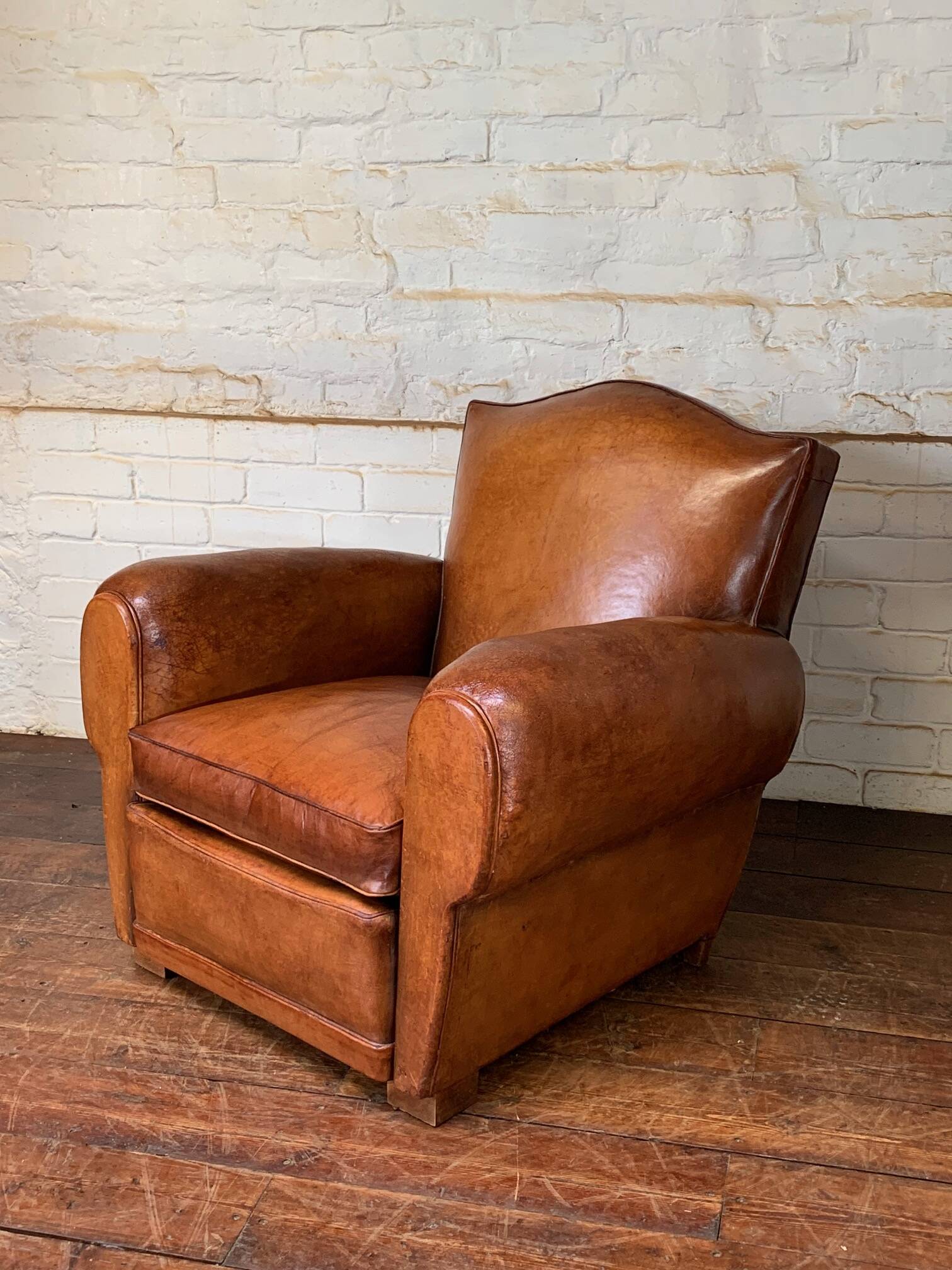 French leather club chair chapeau de gendarme in caramel c 1950