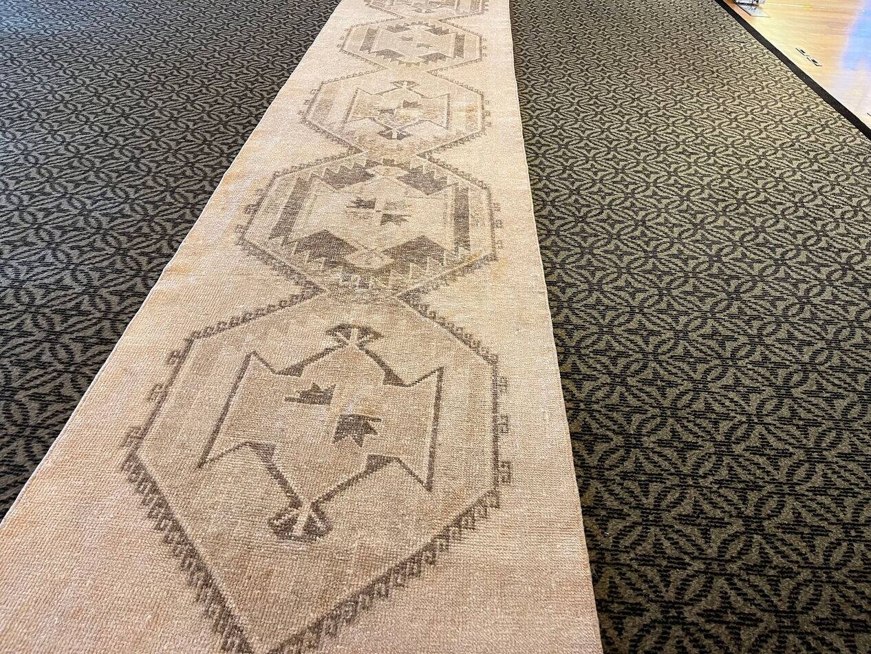 Vintage Handmade Muted Beige and Brown Long Hallway Runner