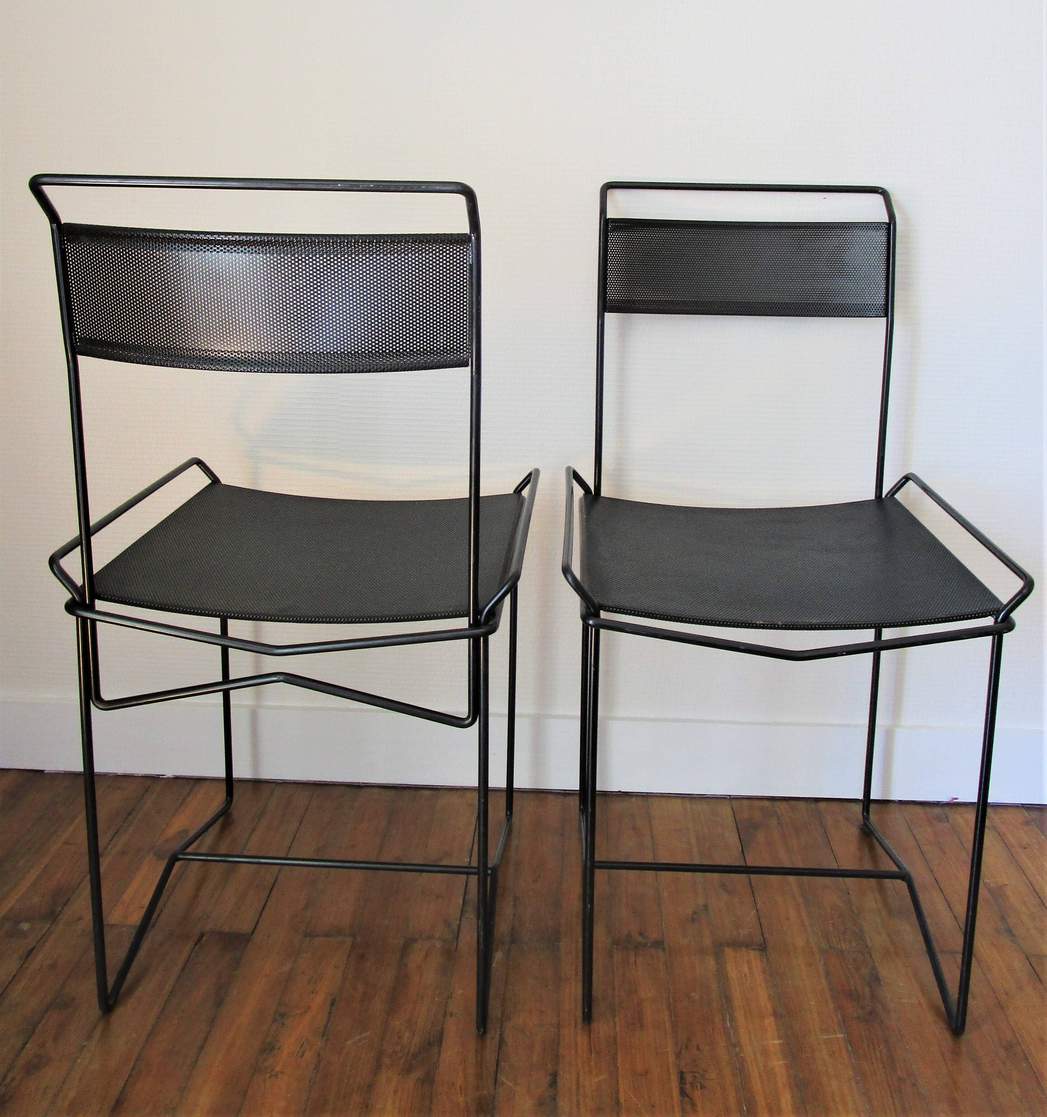 Pair of perforated metal steel chairs from the 80s