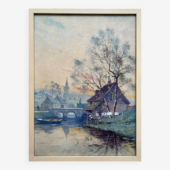 Tableau Aquarelle "Paysage à la rivière au crépuscule" début XX°