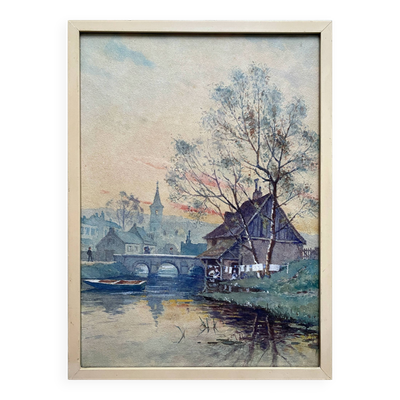 Tableau Aquarelle ''Paysage à la rivière au crépuscule'' début XX°
