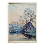 Watercolor Painting "Landscape at the River at Dusk" early 20th century