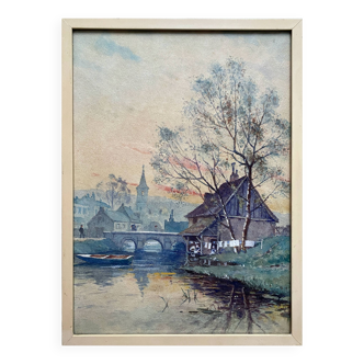 Watercolor Painting "Landscape at the River at Dusk" early 20th century