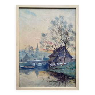 Tableau Aquarelle "Paysage à la rivière au crépuscule" début XX°