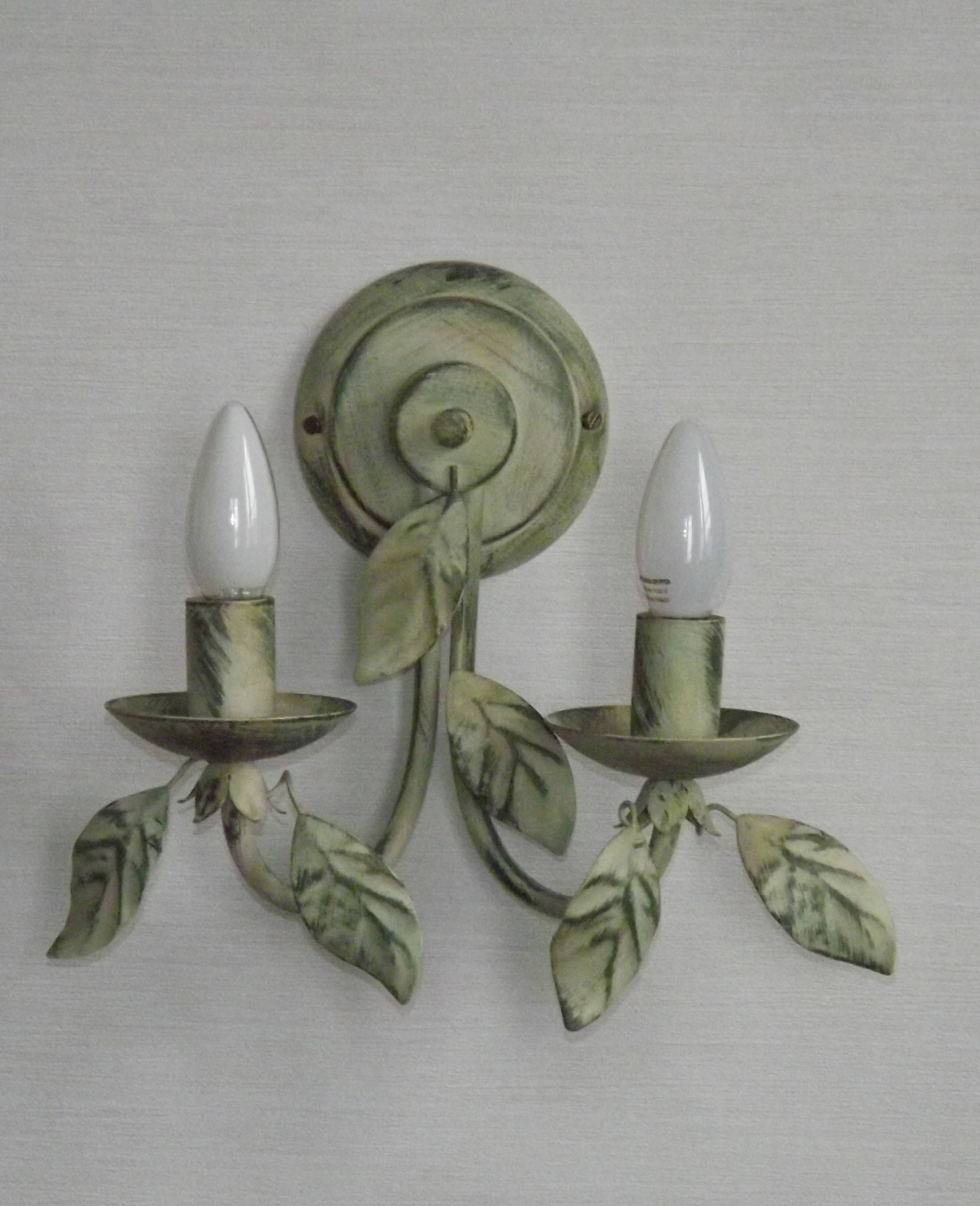 Pair of Vintage Italian Double Wall Lights Leaf Detail Green & Gold Finish