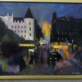 Swedish artist, scandinavian modern city landscape, 1970s, oil on canvas, signed,  framed