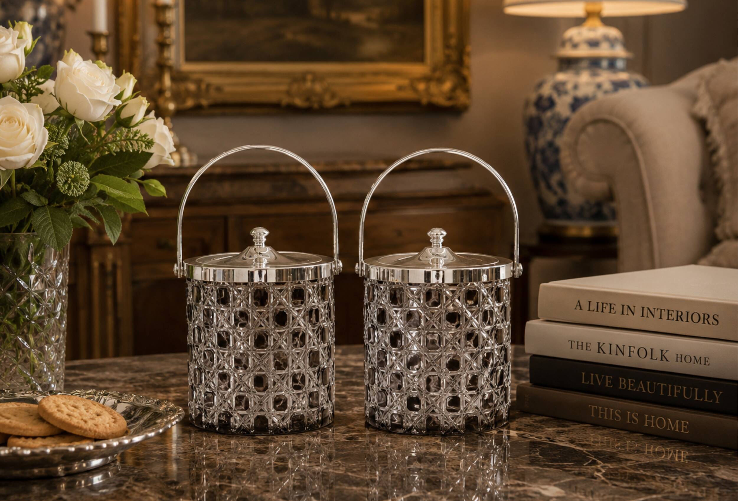 Pair of Vintage Cut Crystal Biscuit Boxes / Ice Buckets with Silver-Plated Lids