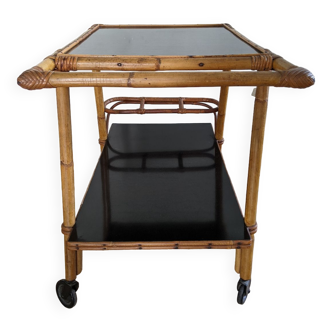 Vintage rolling bar trolley in rattan and bamboo