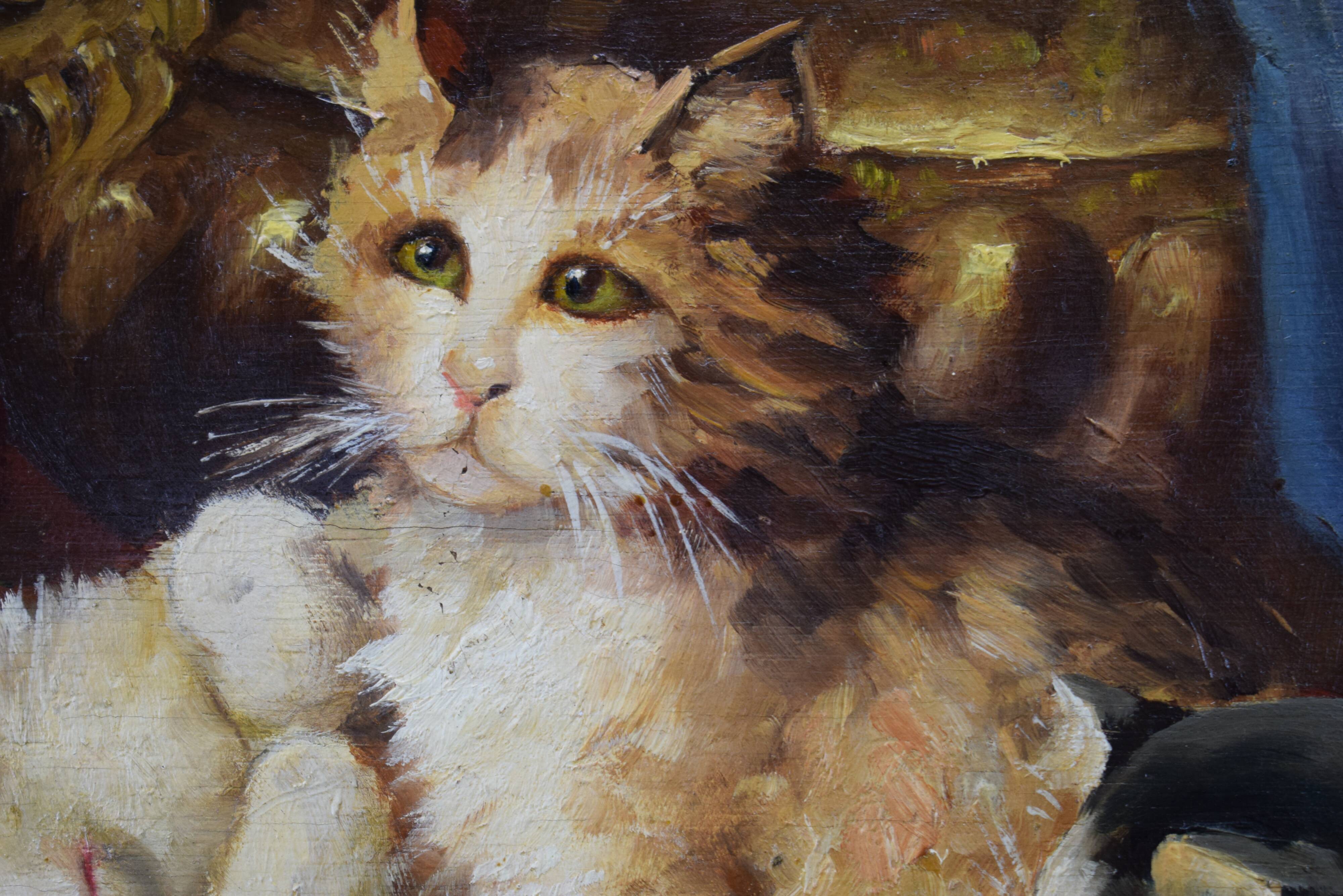 Oil painting on panels kitten playing by Leon Huber