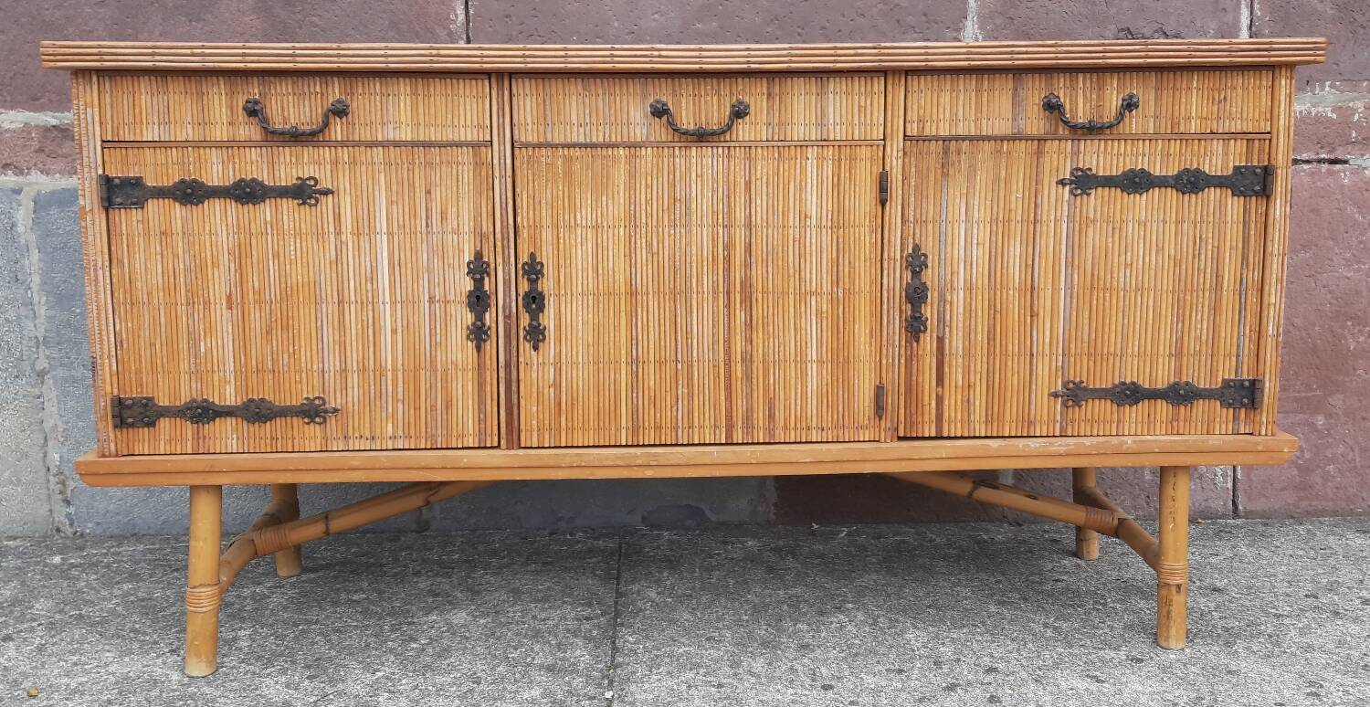 Console table in rattan and bamboo, (Attributed to Audoux-Minet)