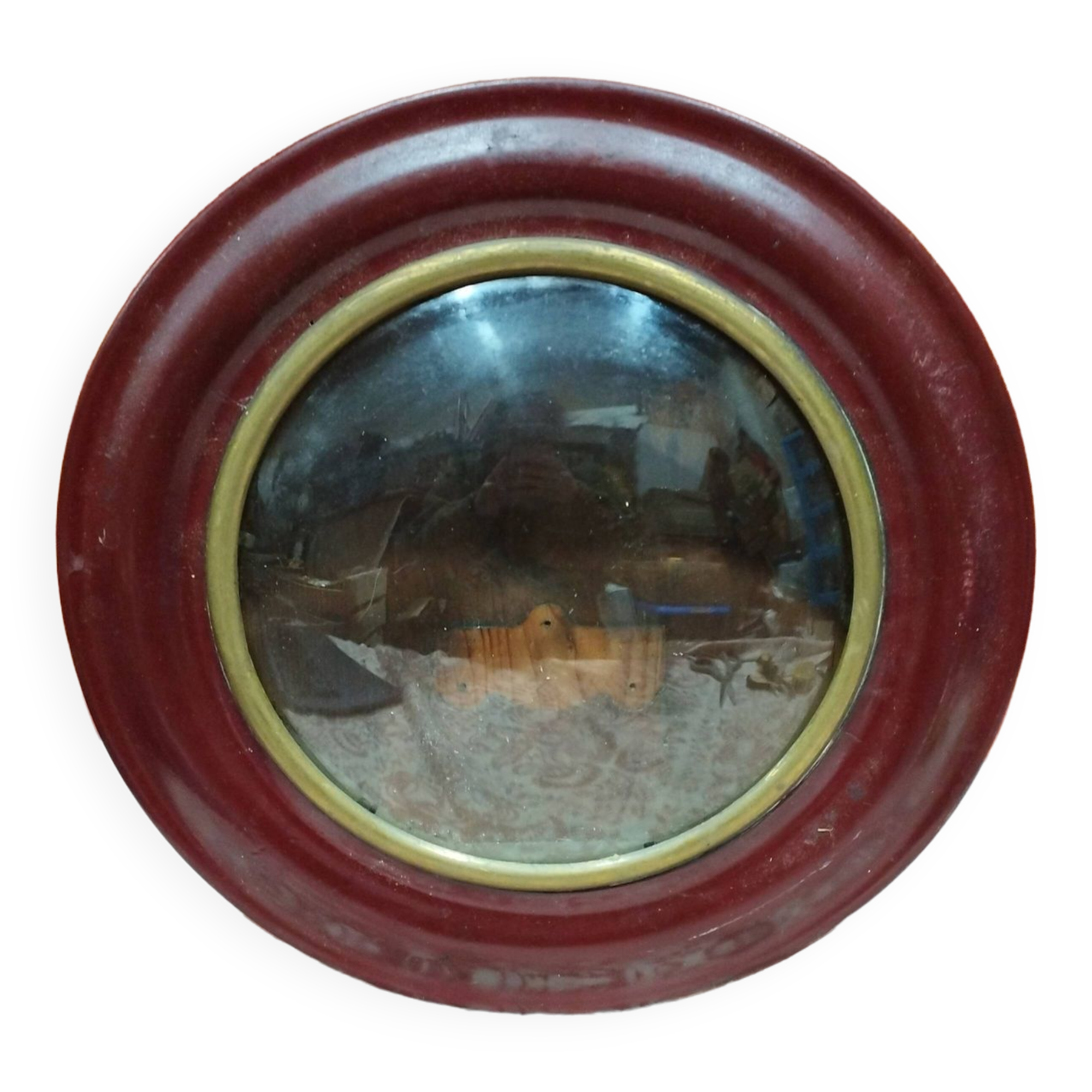 Small round bull's eye wall display case in wood and curved glass
