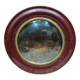Small round bull's eye wall display case in wood and curved glass