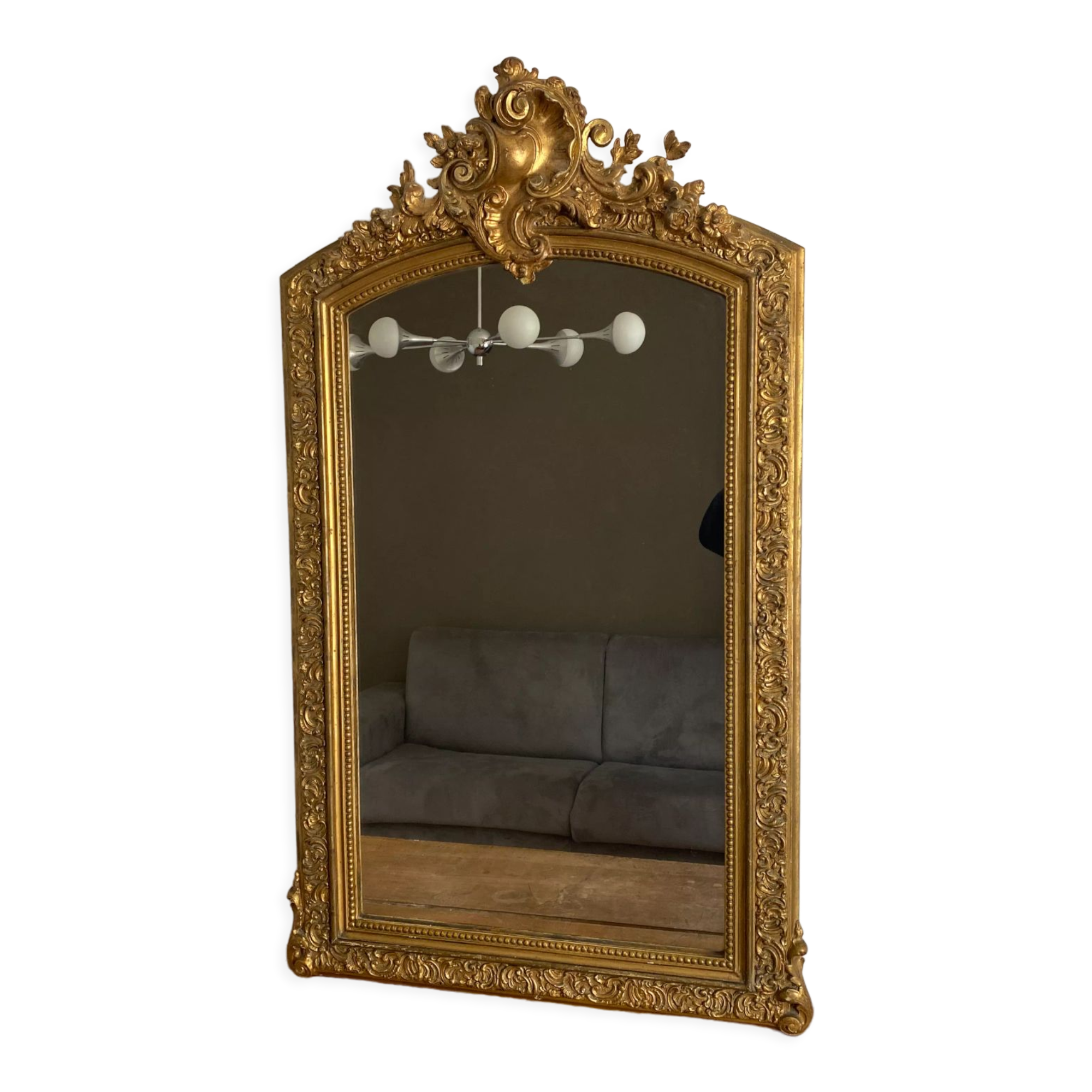 Late 19th century gilded mirror with decorated pediment 125x70cm