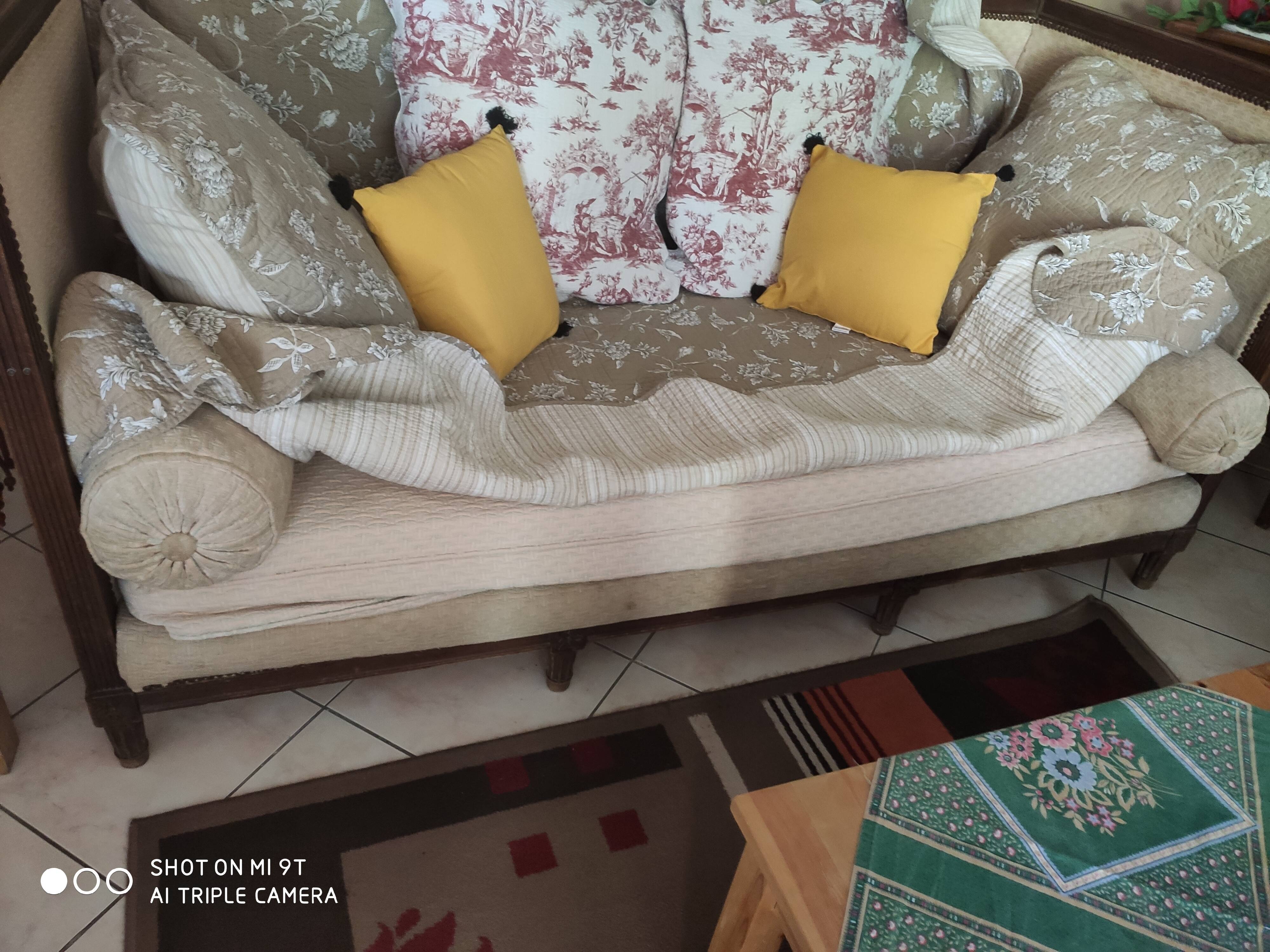 Antique Louis XVI style sofa, daybed with 8 legs and wooden frame, L182, W85, H95