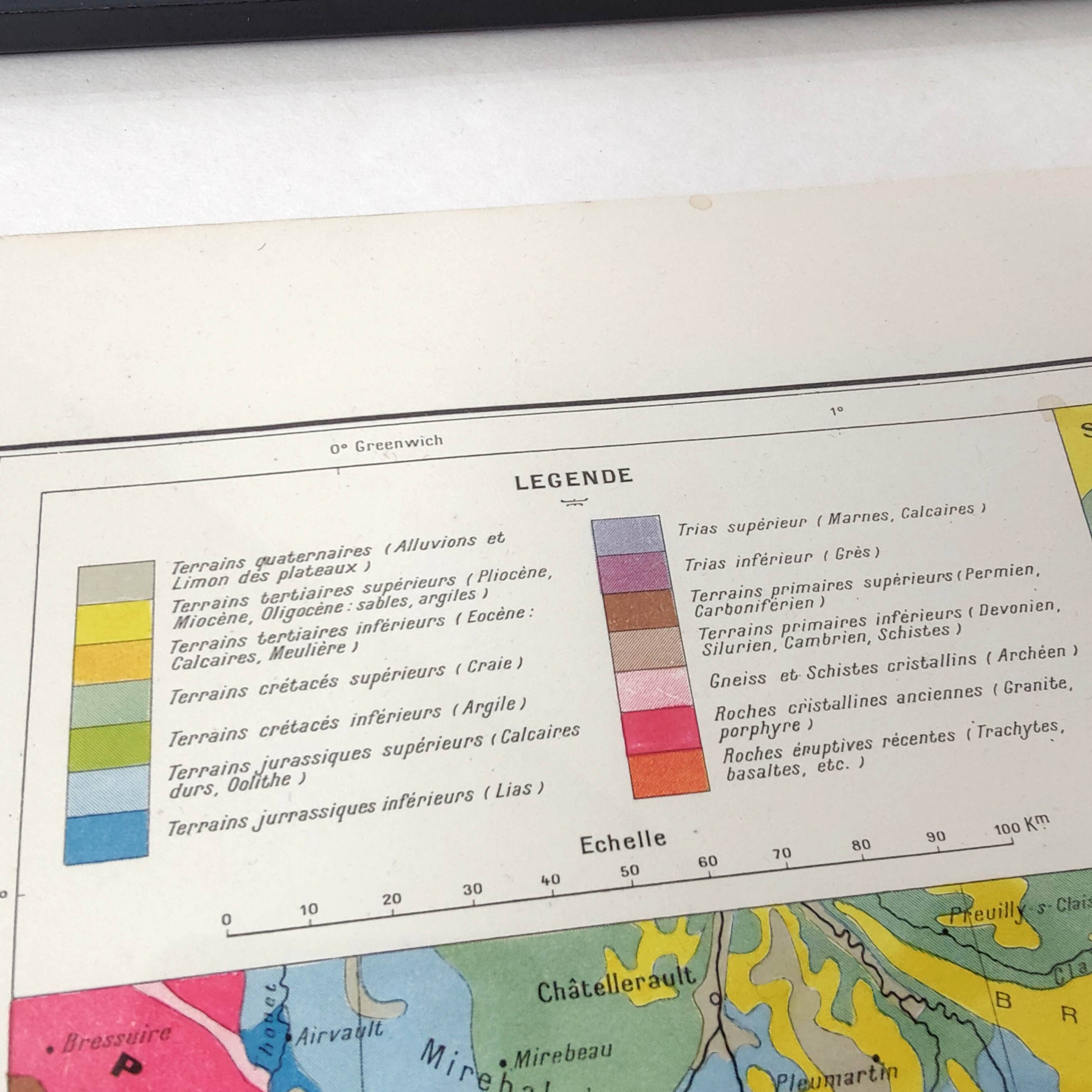 Old map of France the central massif in 1950 43x43cm