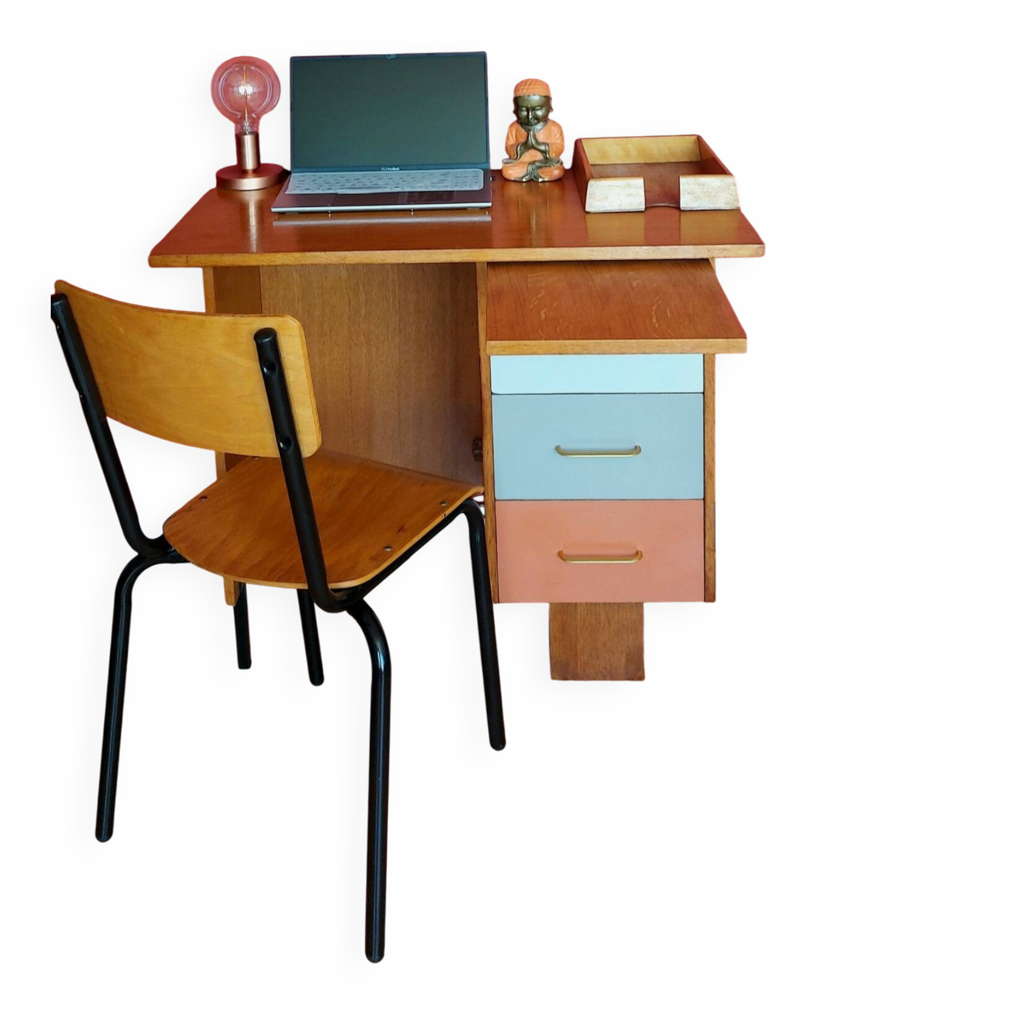 Restored vintage desk + matching chair 89 x 50 x 76 cm