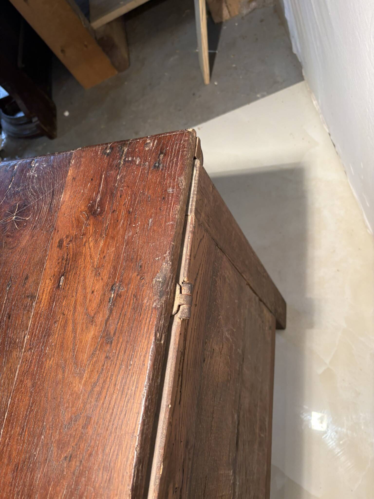 Antique rustic oak chest with original hardware and molded panels