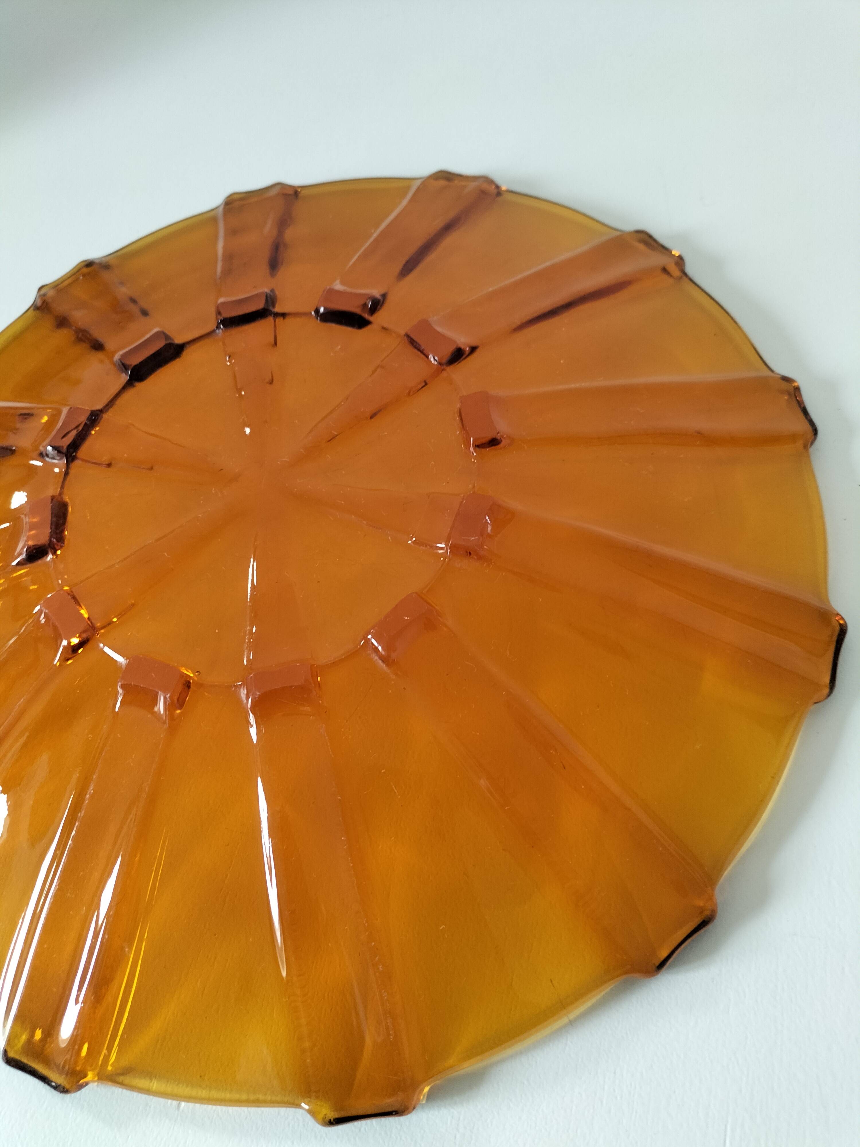 Large amber molded pressed glass dish